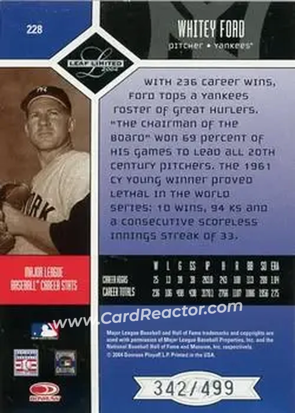 2004 Leaf Limited #228 - Ed "Whitey" Ford - New York Yankees - Back