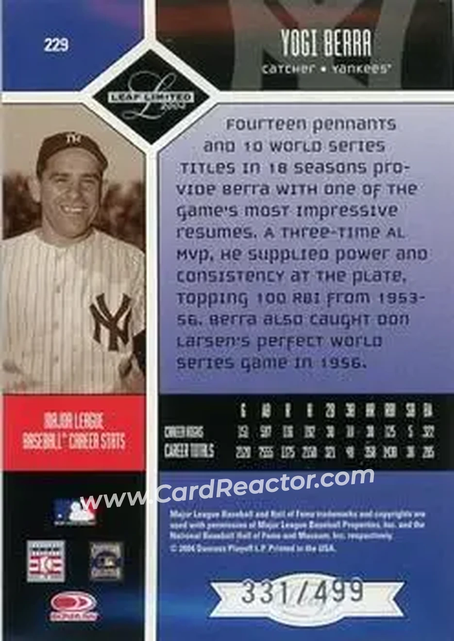 2004 Leaf Limited #229 - Larry "Yogi" Berra - New York Yankees - Back