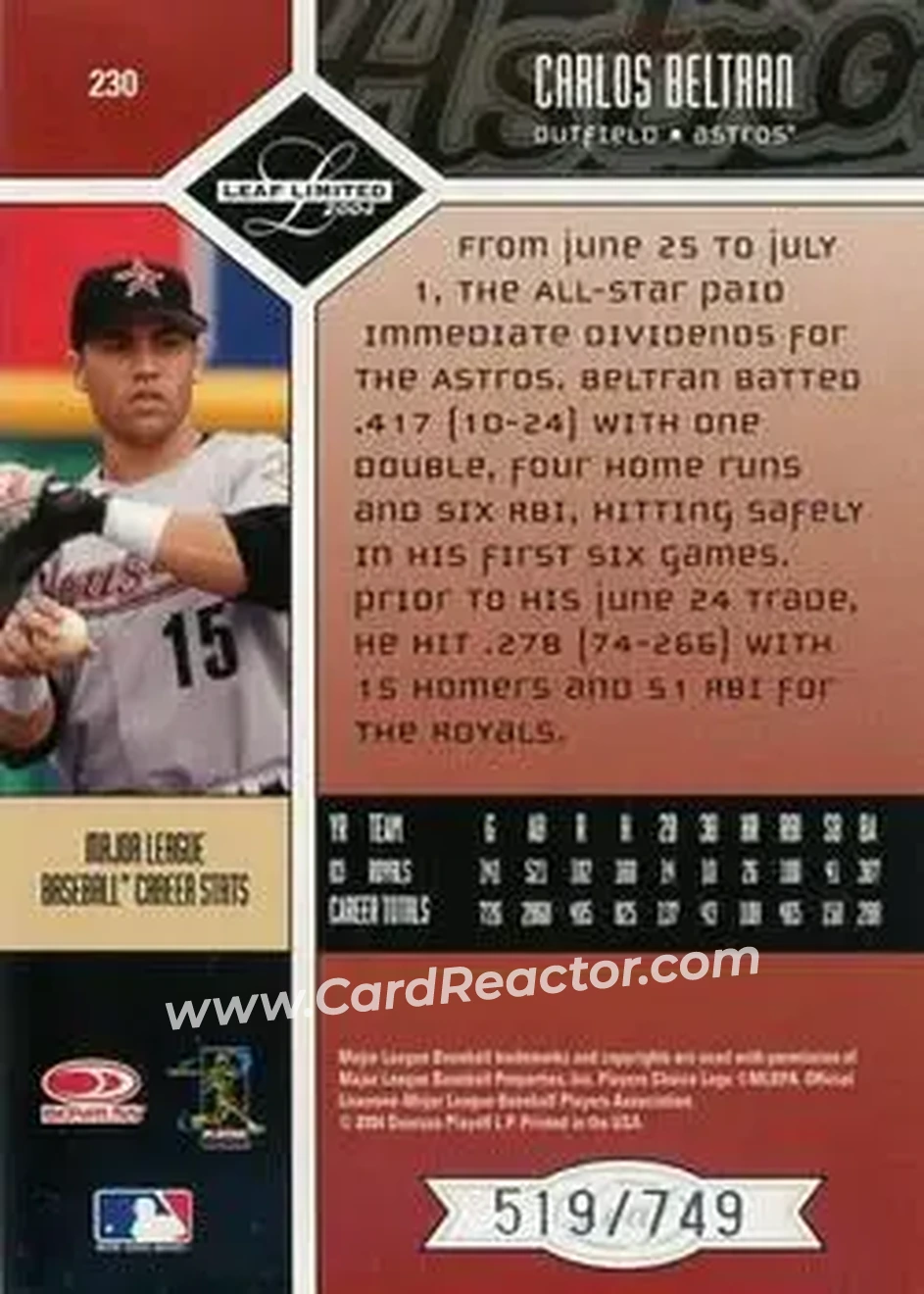 2004 Leaf Limited #230 - Carlos Beltran - Houston Astros - Back