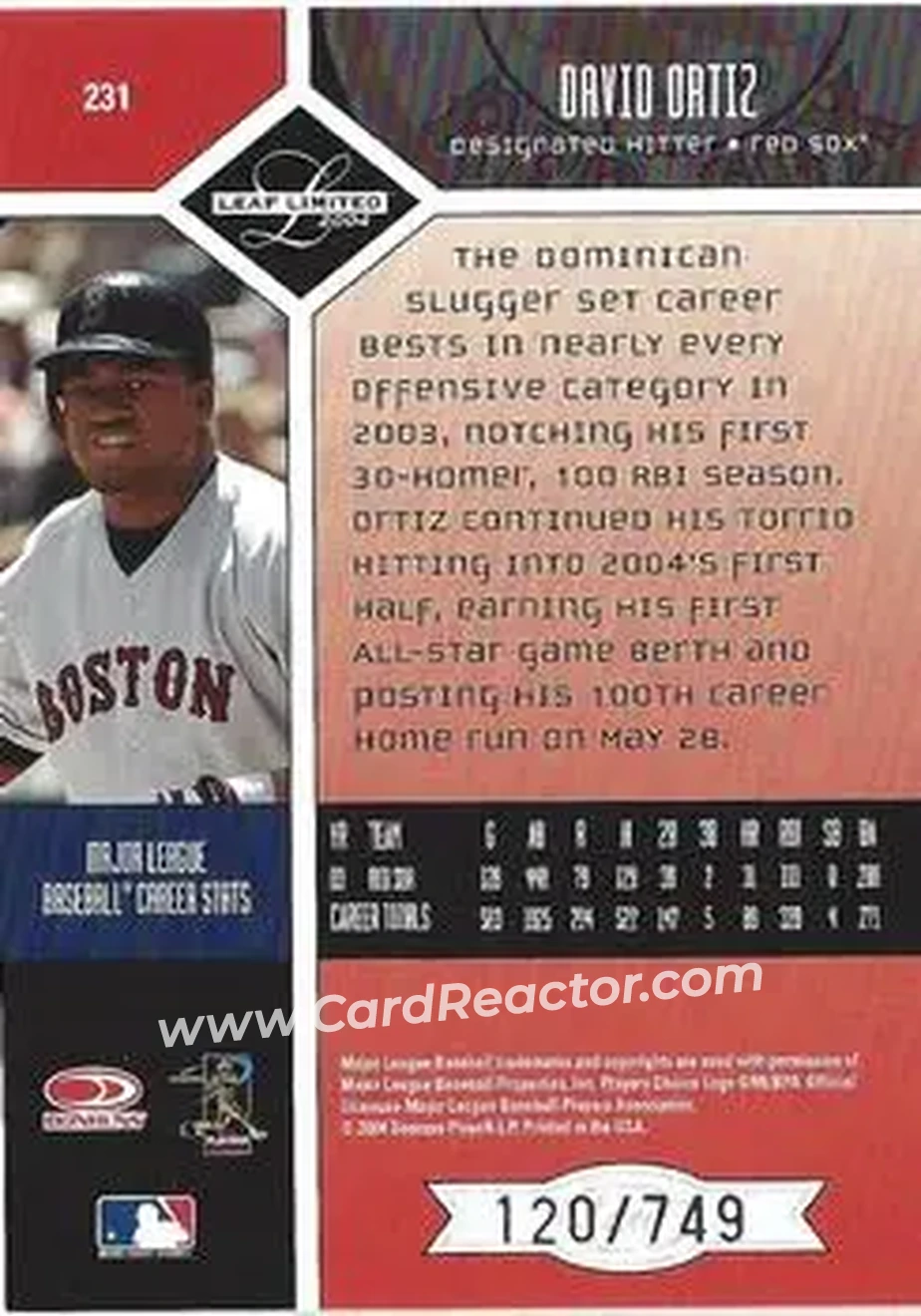 2004 Leaf Limited #231 - David Ortiz - Boston Red Sox - Back