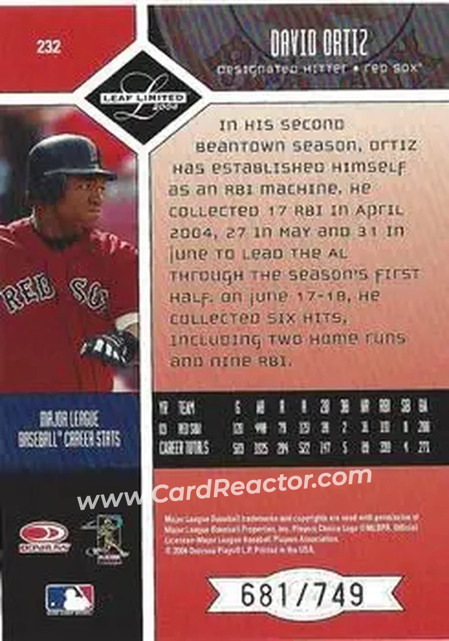 2004 Leaf Limited #232 - David Ortiz - Boston Red Sox - Back