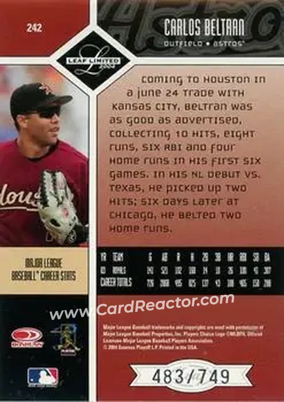 2004 Leaf Limited #242 - Carlos Beltran - Houston Astros - Back
