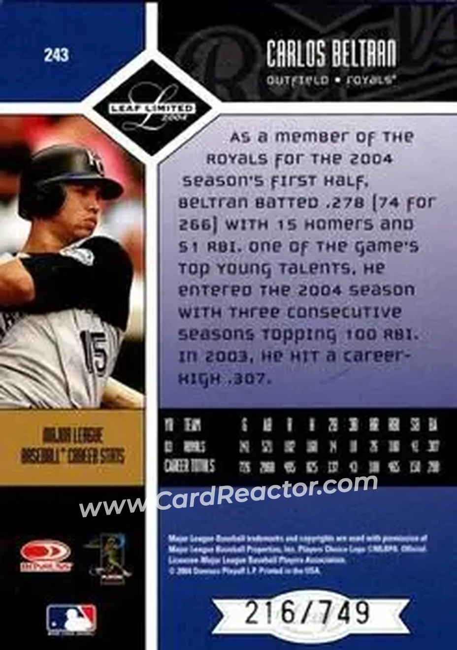 2004 Leaf Limited #243 - Carlos Beltran - Kansas City Royals - Back
