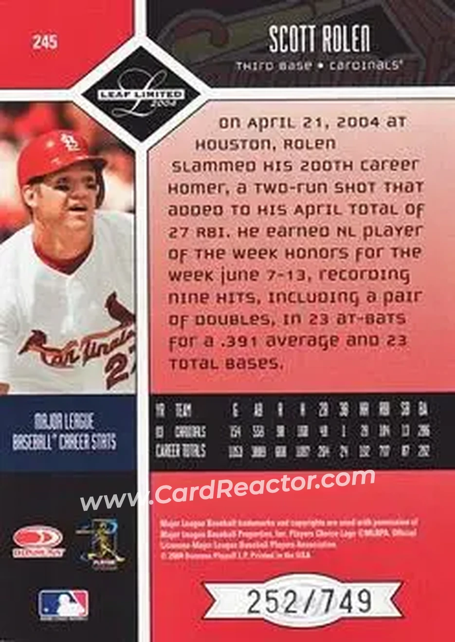 2004 Leaf Limited #245 - Scott Rolen - St. Louis Cardinals - Back