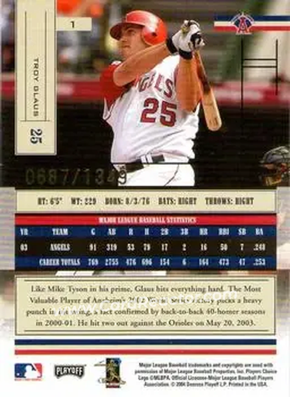 2004 Playoff Absolute Memorabilia #1 - Troy Glaus - Anaheim Angels - Back