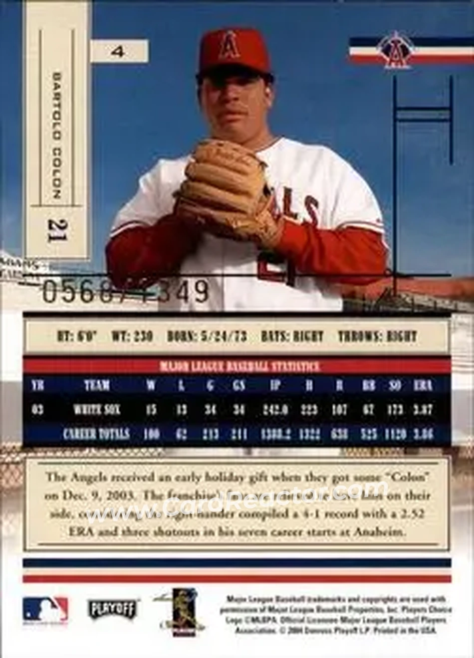 2004 Playoff Absolute Memorabilia #4 - Bartolo Colon - Anaheim Angels - Back 2004 Playoff Absolute Memorabilia #4 - Bartolo Colon - Anaheim Angels - Back