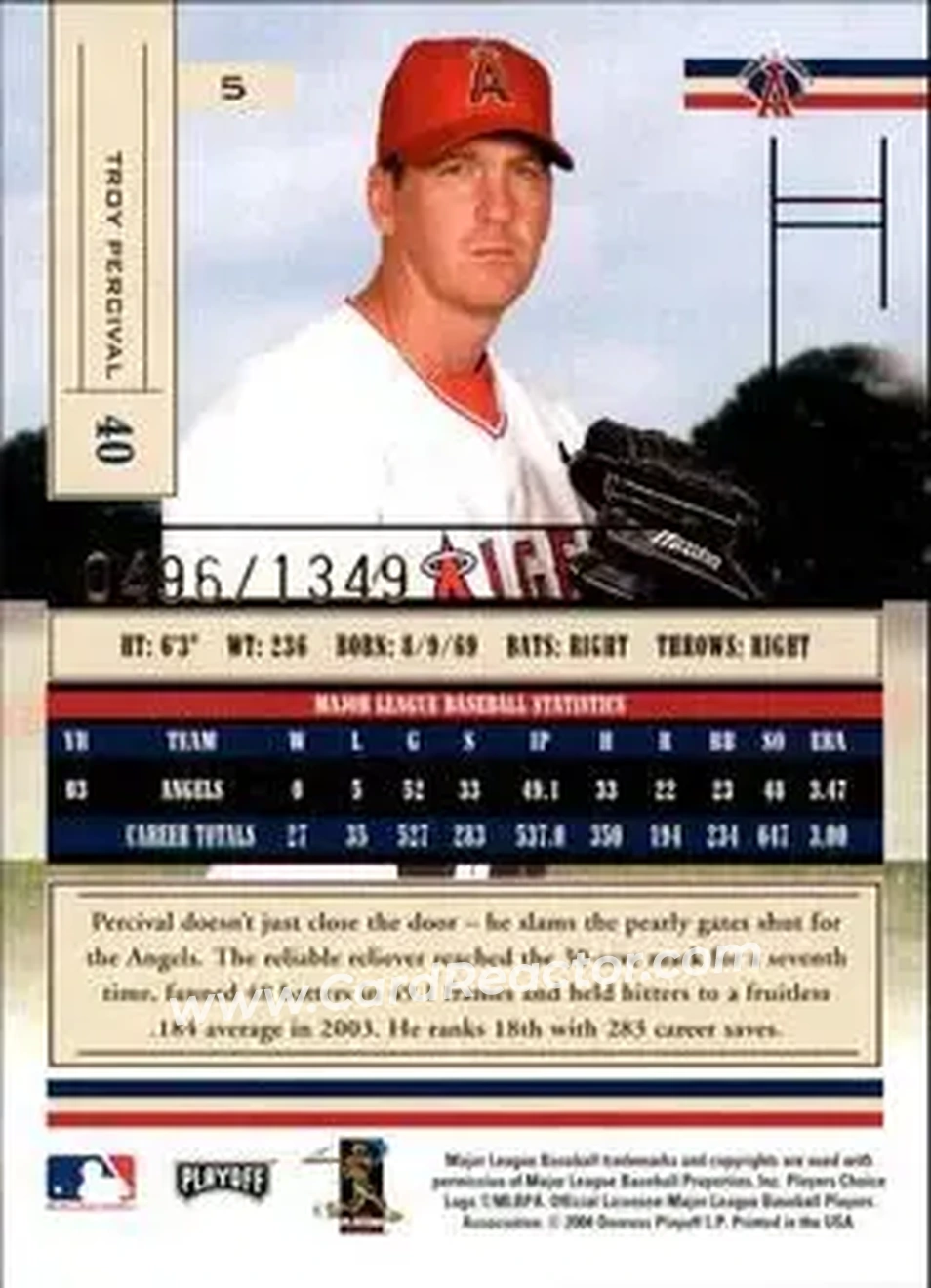 2004 Playoff Absolute Memorabilia #5 - Troy Percival - Anaheim Angels - Back