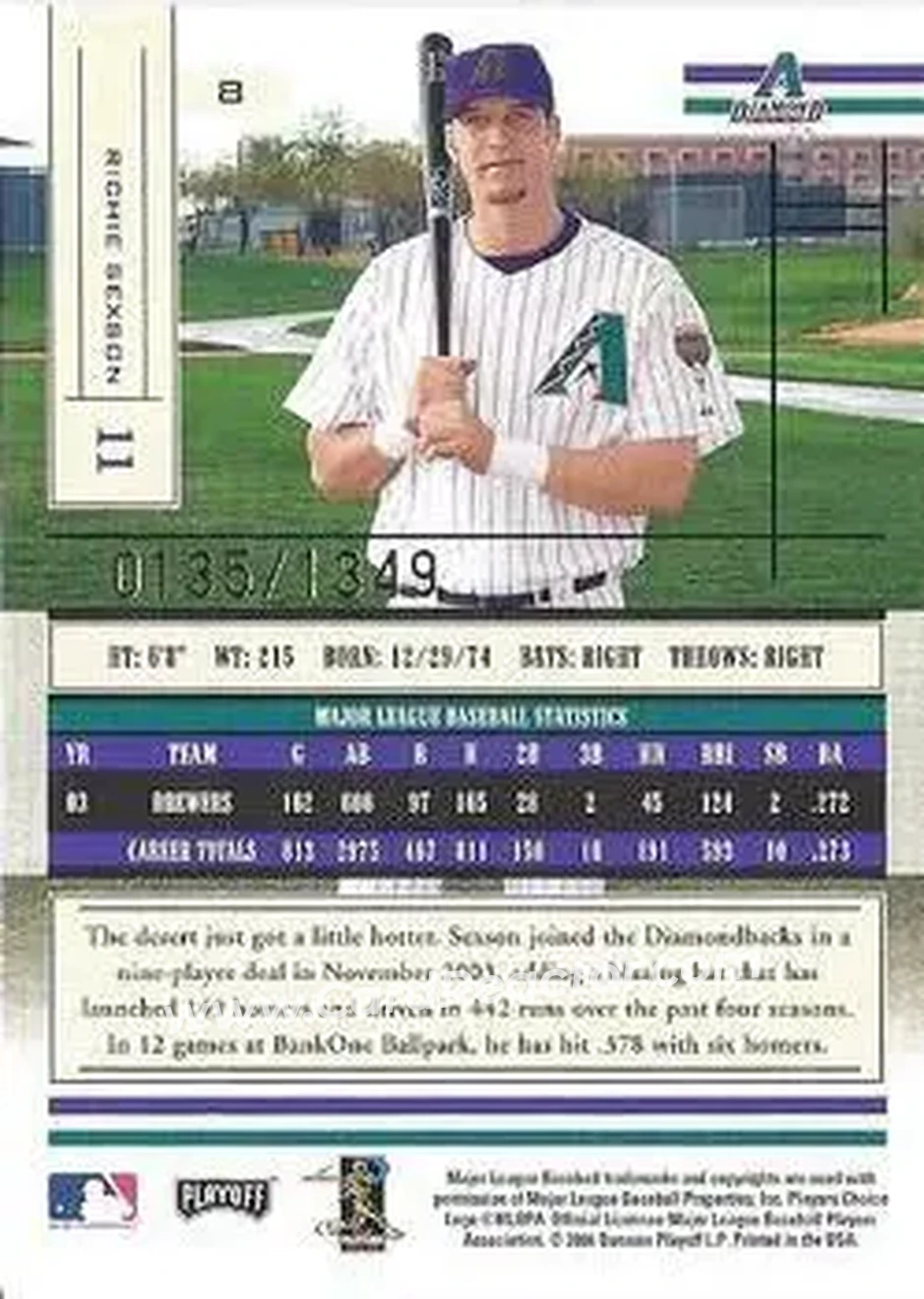 2004 Playoff Absolute Memorabilia #8 - Richie Sexson - Arizona Diamondbacks - Back