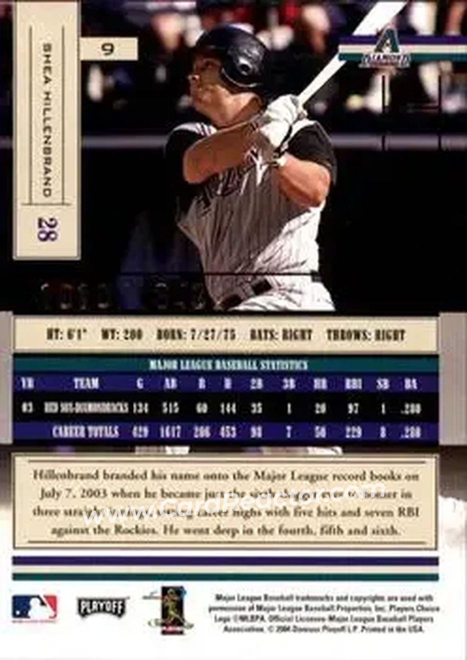 2004 Playoff Absolute Memorabilia #9 - Shea Hillenbrand - Arizona Diamondbacks - Back
