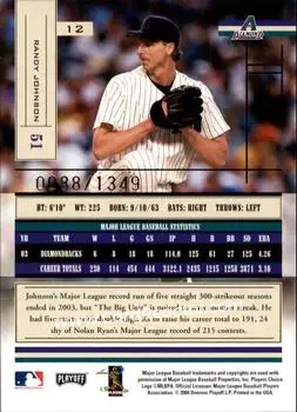 2004 Playoff Absolute Memorabilia #12 - Randy Johnson - Arizona Diamondbacks - Back 2004 Playoff Absolute Memorabilia #12 - Randy Johnson - Arizona Diamondbacks - Back