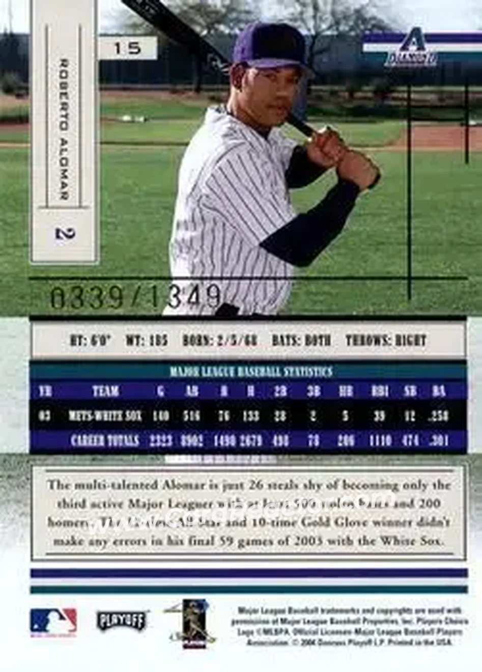 2004 Playoff Absolute Memorabilia #15 - Roberto Alomar - Arizona Diamondbacks - Back