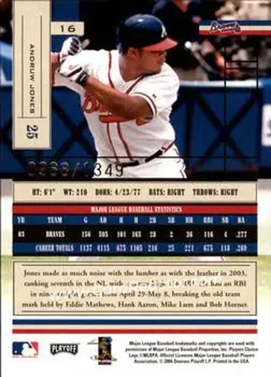 2004 Playoff Absolute Memorabilia #16 - Andruw Jones - Atlanta Braves - Back