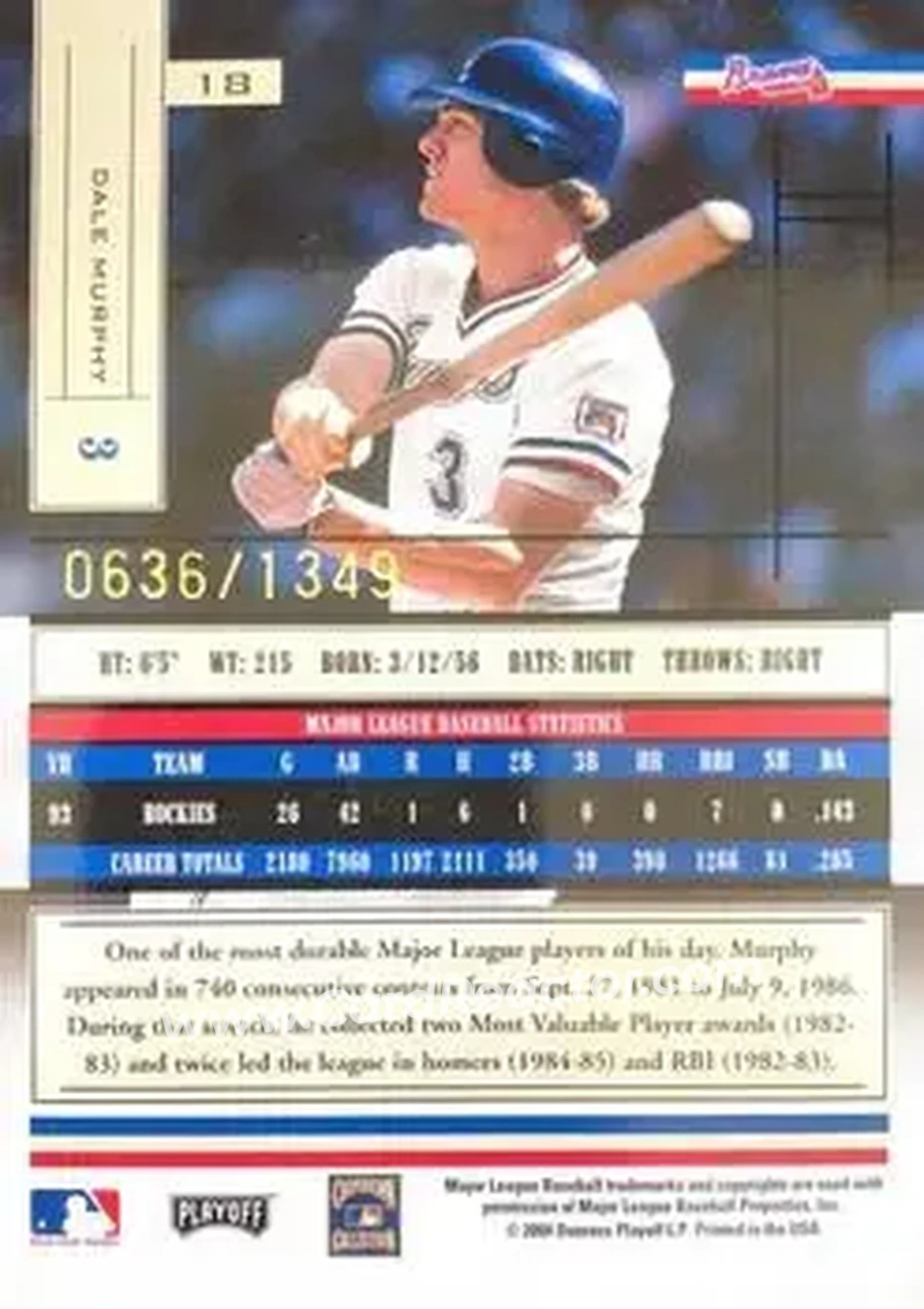 2004 Playoff Absolute Memorabilia #18 - Dale Murphy - Atlanta Braves - Back