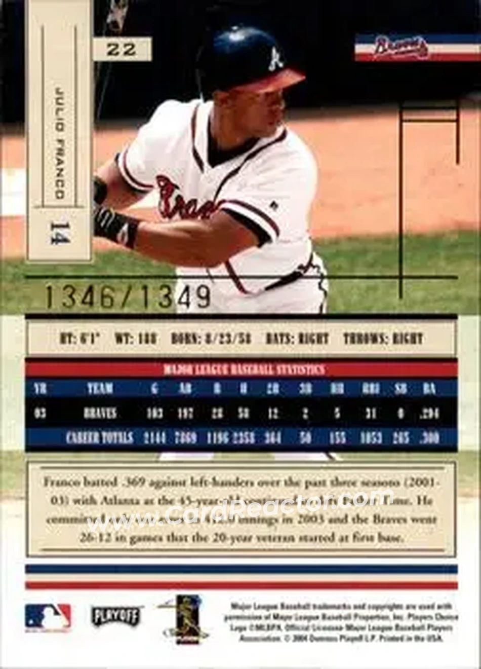 2004 Playoff Absolute Memorabilia #22 - Julio Franco - Atlanta Braves - Back