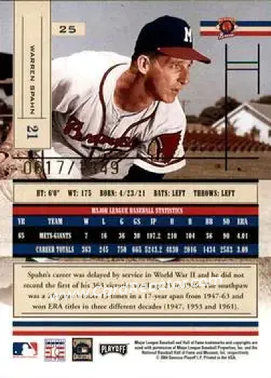 2004 Playoff Absolute Memorabilia #25 - Warren Spahn - Milwaukee Braves - Back