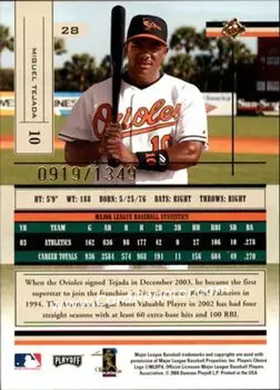 2004 Playoff Absolute Memorabilia #28 - Miguel Tejada - Baltimore Orioles - Back 2004 Playoff Absolute Memorabilia #28 - Miguel Tejada - Baltimore Orioles - Back