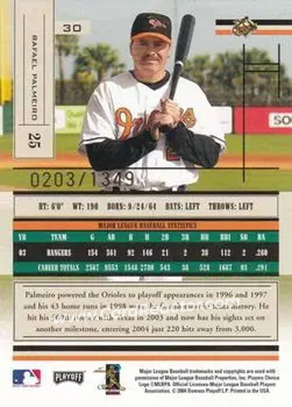 2004 Playoff Absolute Memorabilia #30 - Rafael Palmeiro - Baltimore Orioles - Back