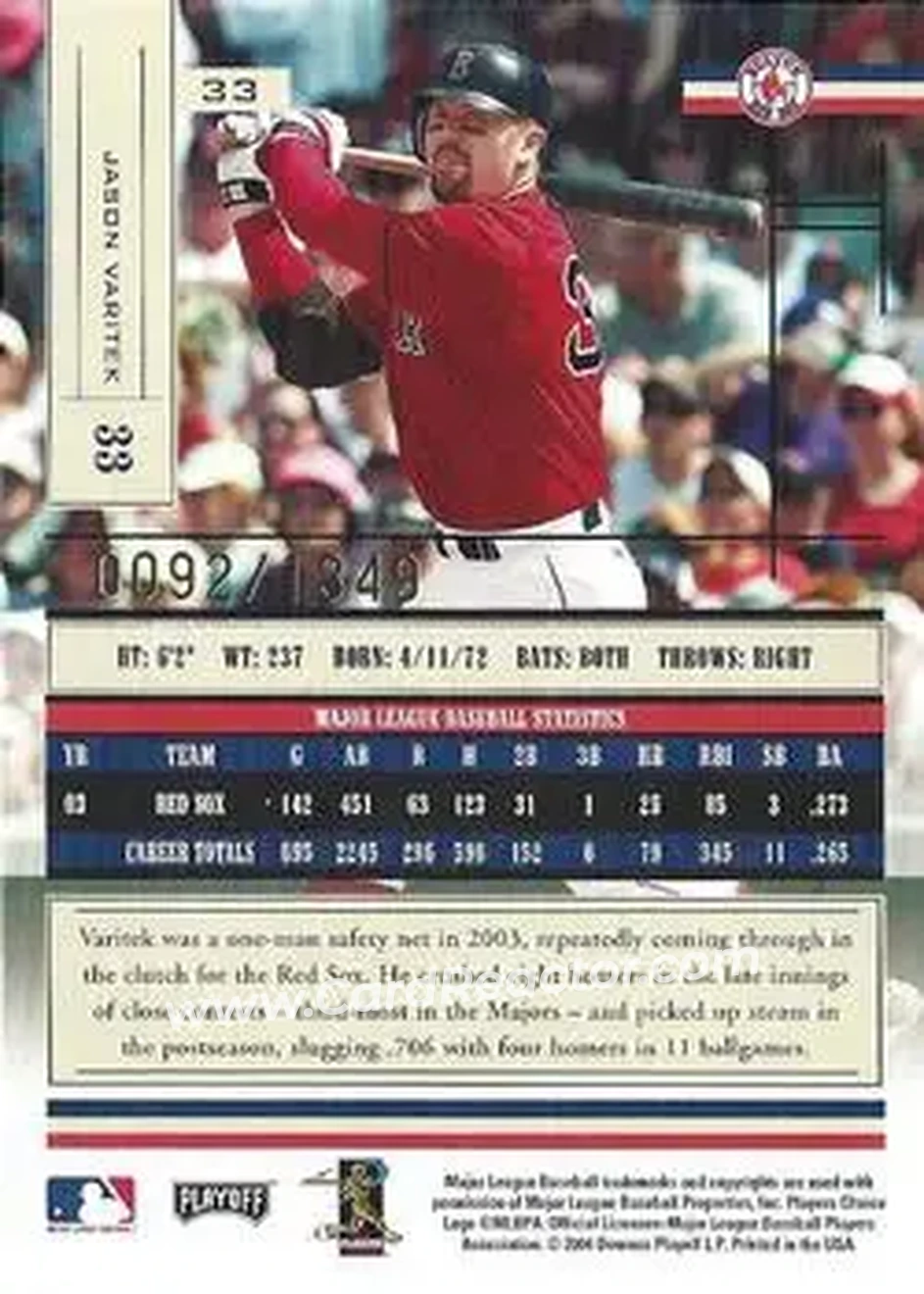 2004 Playoff Absolute Memorabilia #33 - Jason Varitek - Boston Red Sox - Back 2004 Playoff Absolute Memorabilia #33 - Jason Varitek - Boston Red Sox - Back