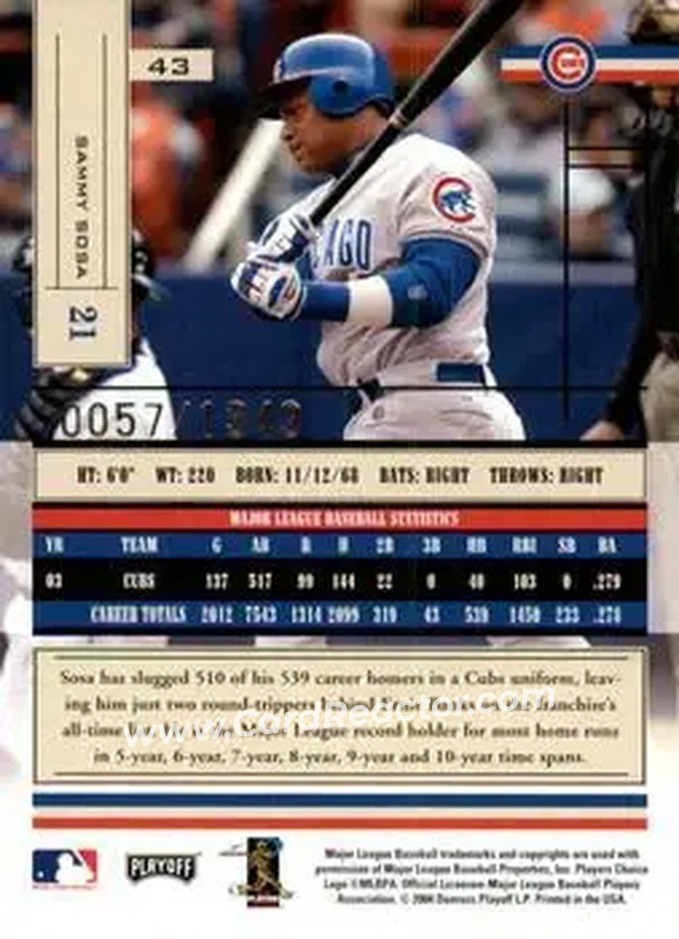 2004 Playoff Absolute Memorabilia #43 - Sammy Sosa - Chicago Cubs - Back