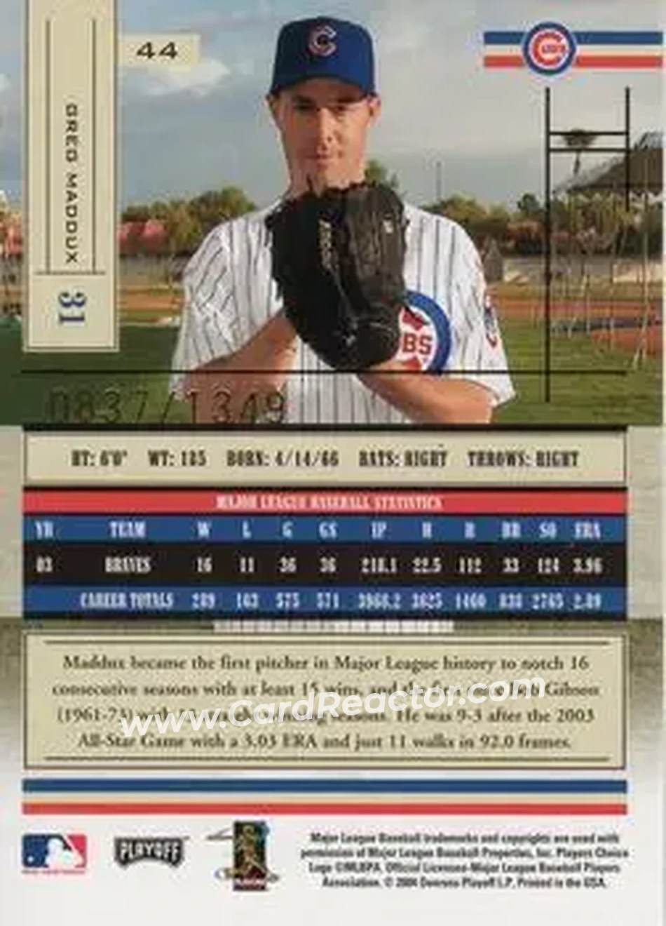 2004 Playoff Absolute Memorabilia #44 - Greg Maddux - Chicago Cubs - Back 2004 Playoff Absolute Memorabilia #44 - Greg Maddux - Chicago Cubs - Back