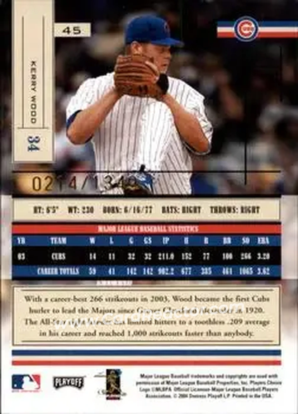 2004 Playoff Absolute Memorabilia #45 - Kerry Wood - Chicago Cubs - Back