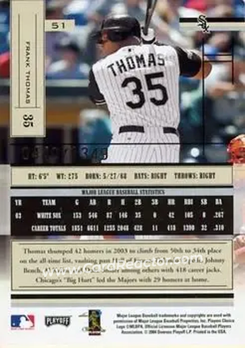 2004 Playoff Absolute Memorabilia #51 - Frank Thomas - Chicago White Sox - Back