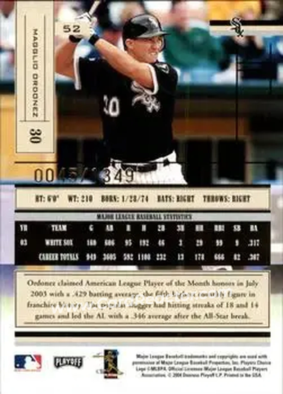 2004 Playoff Absolute Memorabilia #52 - Magglio Ordonez - Chicago White Sox - Back