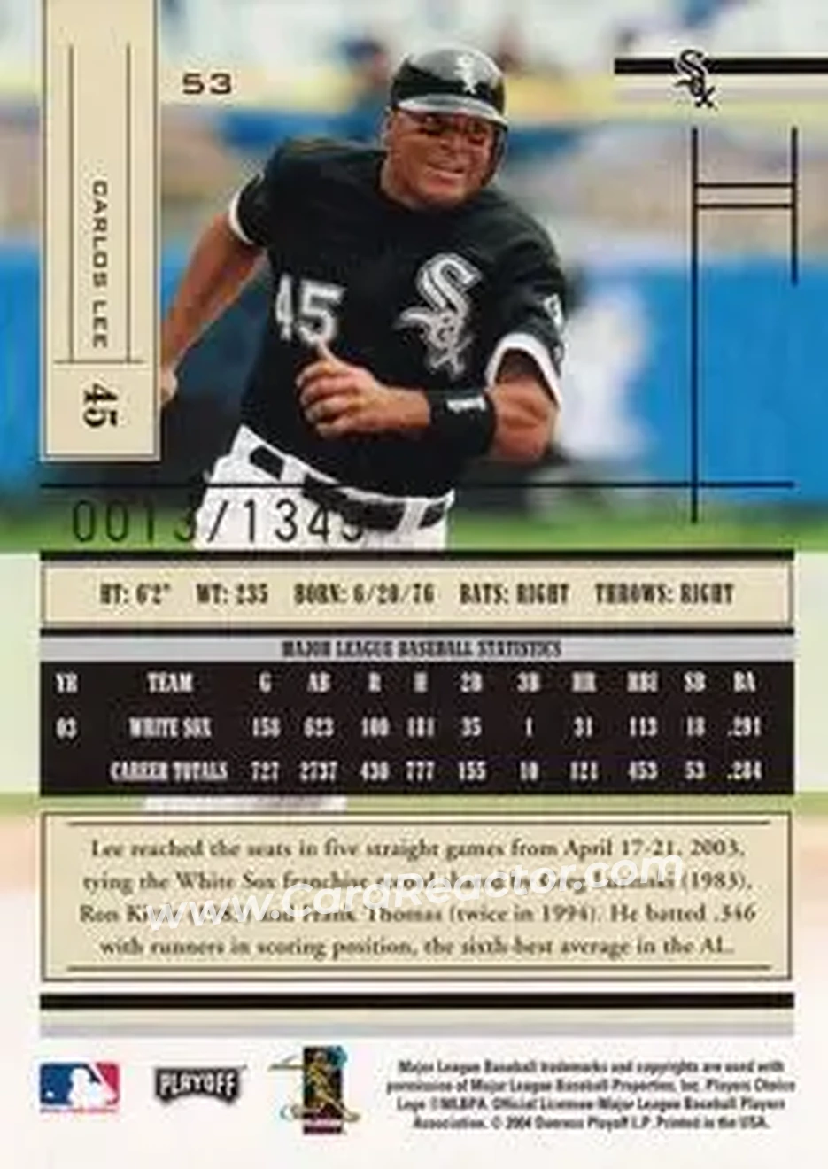 2004 Playoff Absolute Memorabilia #53 - Carlos Lee - Chicago White Sox - Back