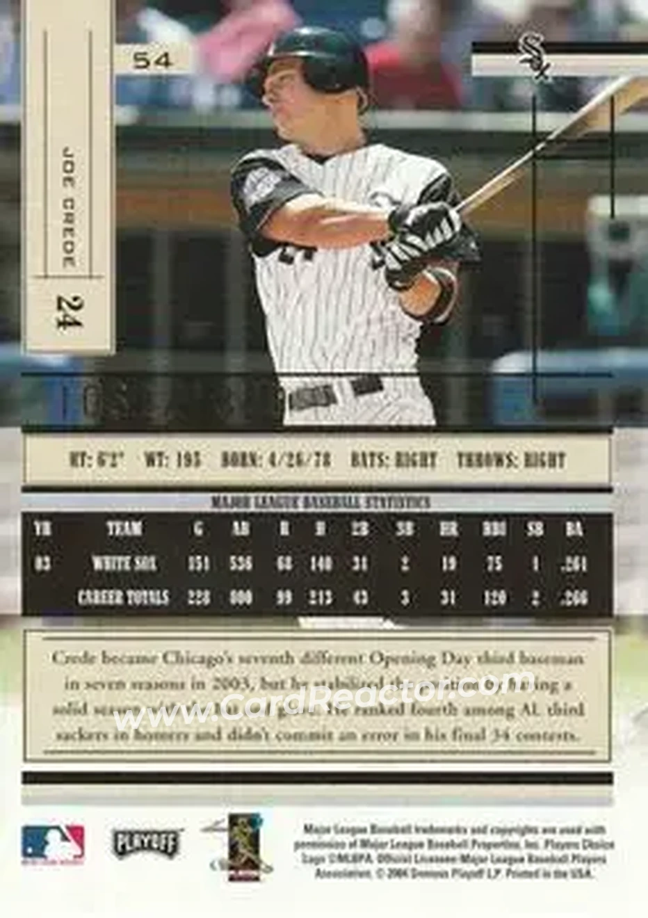 2004 Playoff Absolute Memorabilia #54 - Joe Crede - Chicago White Sox - Back