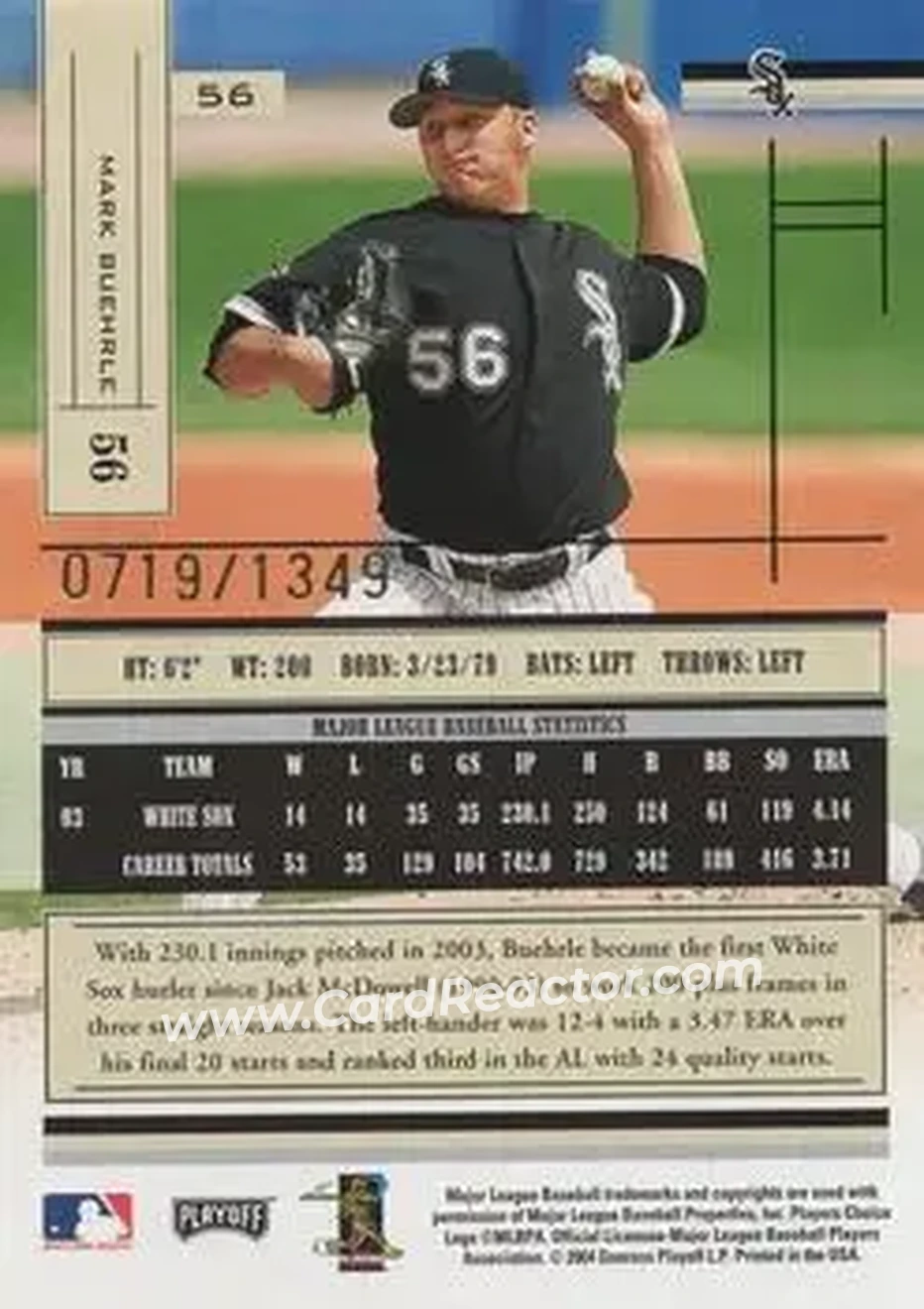 2004 Playoff Absolute Memorabilia #56 - Mark Buehrle - Chicago White Sox - Back 2004 Playoff Absolute Memorabilia #56 - Mark Buehrle - Chicago White Sox - Back