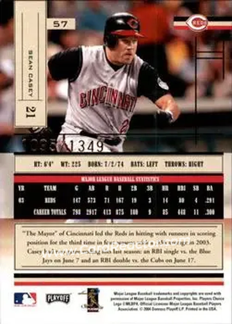 2004 Playoff Absolute Memorabilia #57 - Sean Casey - Cincinnati Reds - Back