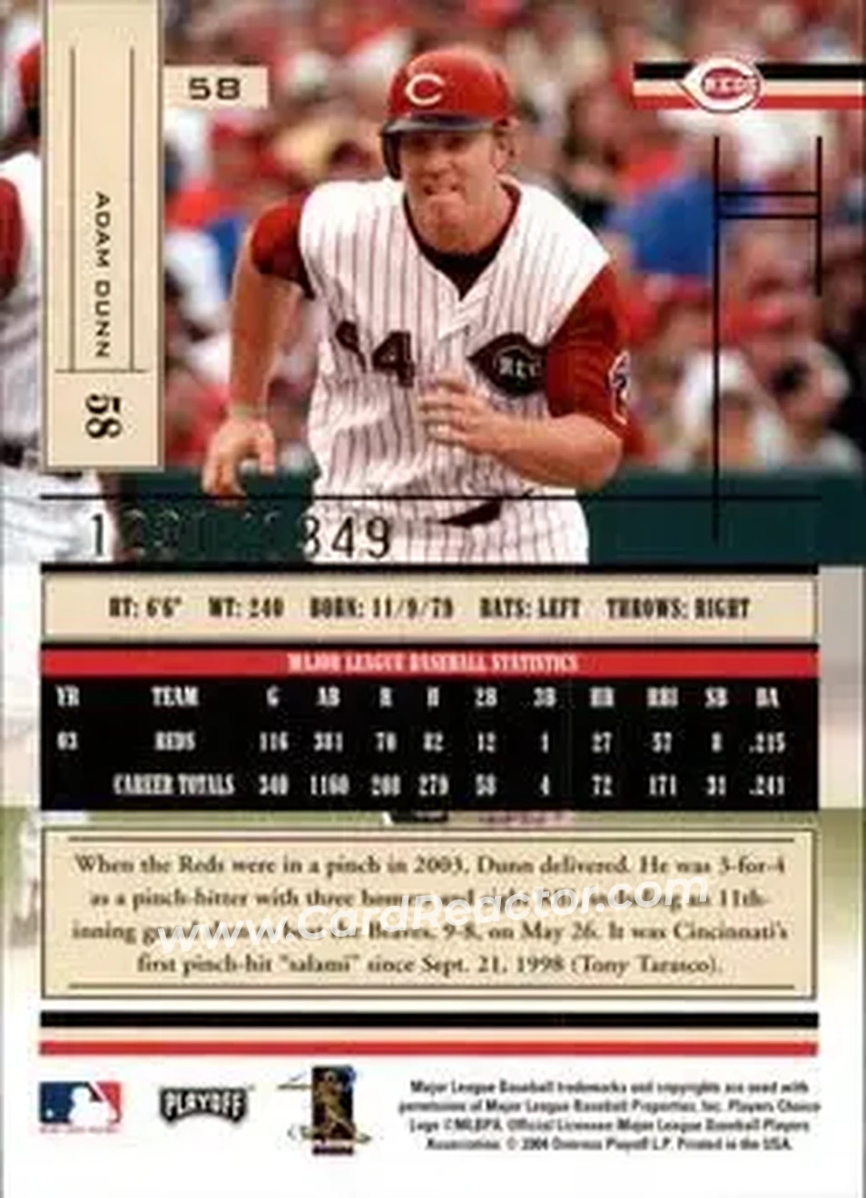 2004 Playoff Absolute Memorabilia #58 - Adam Dunn - Cincinnati Reds - Back