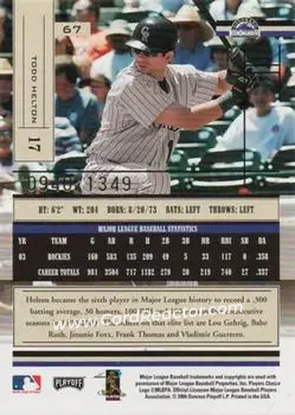 2004 Playoff Absolute Memorabilia #67 - Todd Helton - Colorado Rockies - Back