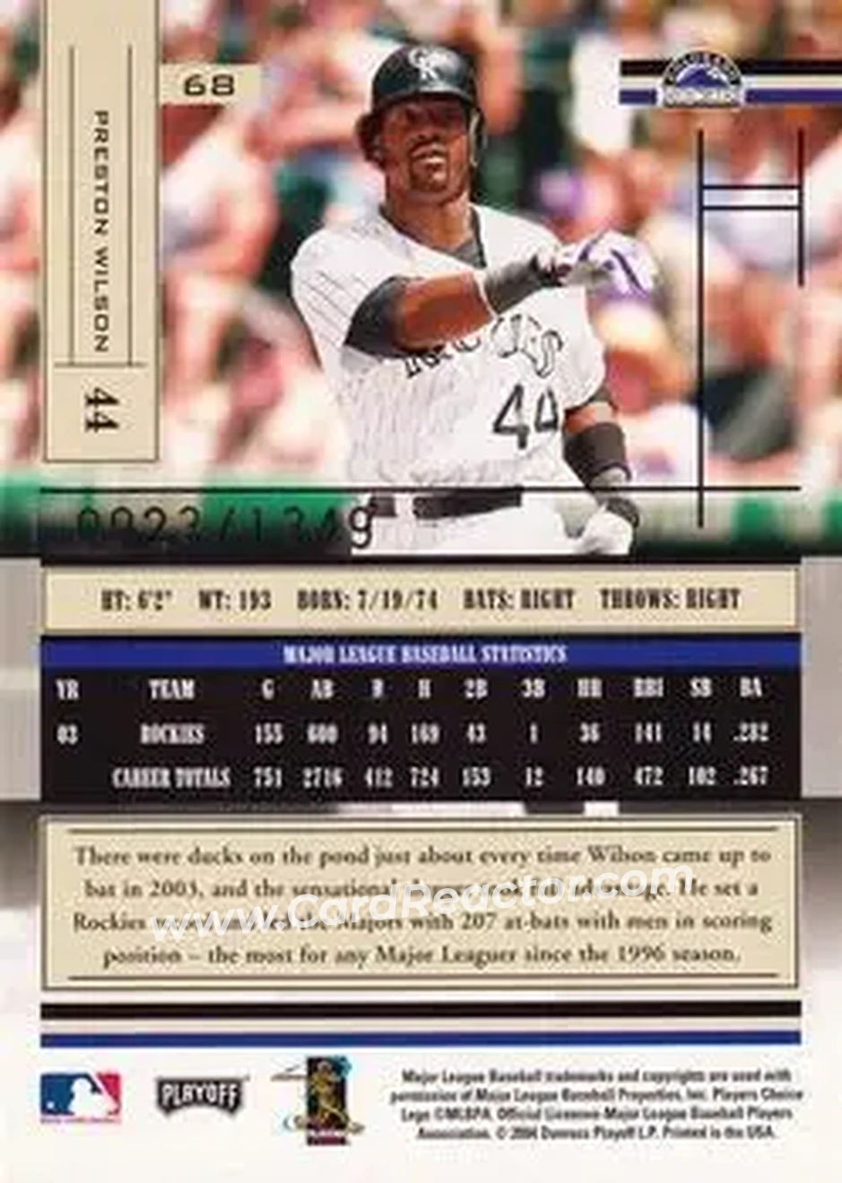 2004 Playoff Absolute Memorabilia #68 - Preston Wilson - Colorado Rockies - Back
