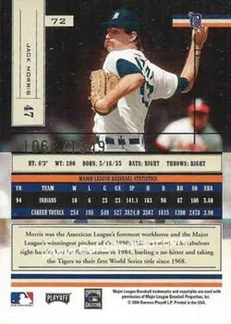 2004 Playoff Absolute Memorabilia #72 - Jack Morris - Detroit Tigers - Back 2004 Playoff Absolute Memorabilia #72 - Jack Morris - Detroit Tigers - Back