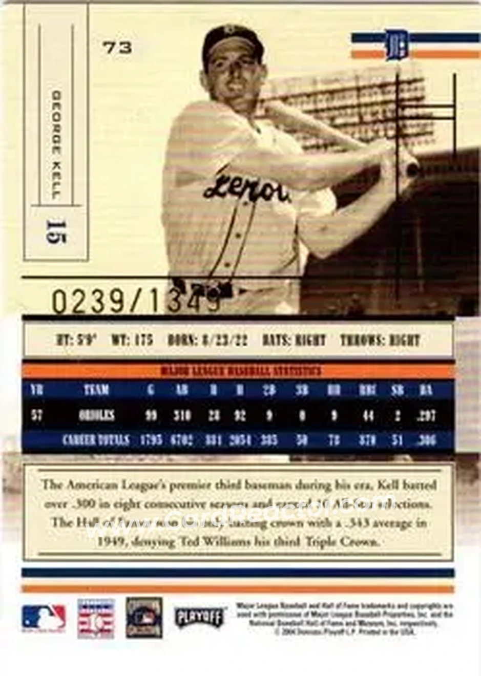 2004 Playoff Absolute Memorabilia #73 - George Kell - Detroit Tigers - Back 2004 Playoff Absolute Memorabilia #73 - George Kell - Detroit Tigers - Back