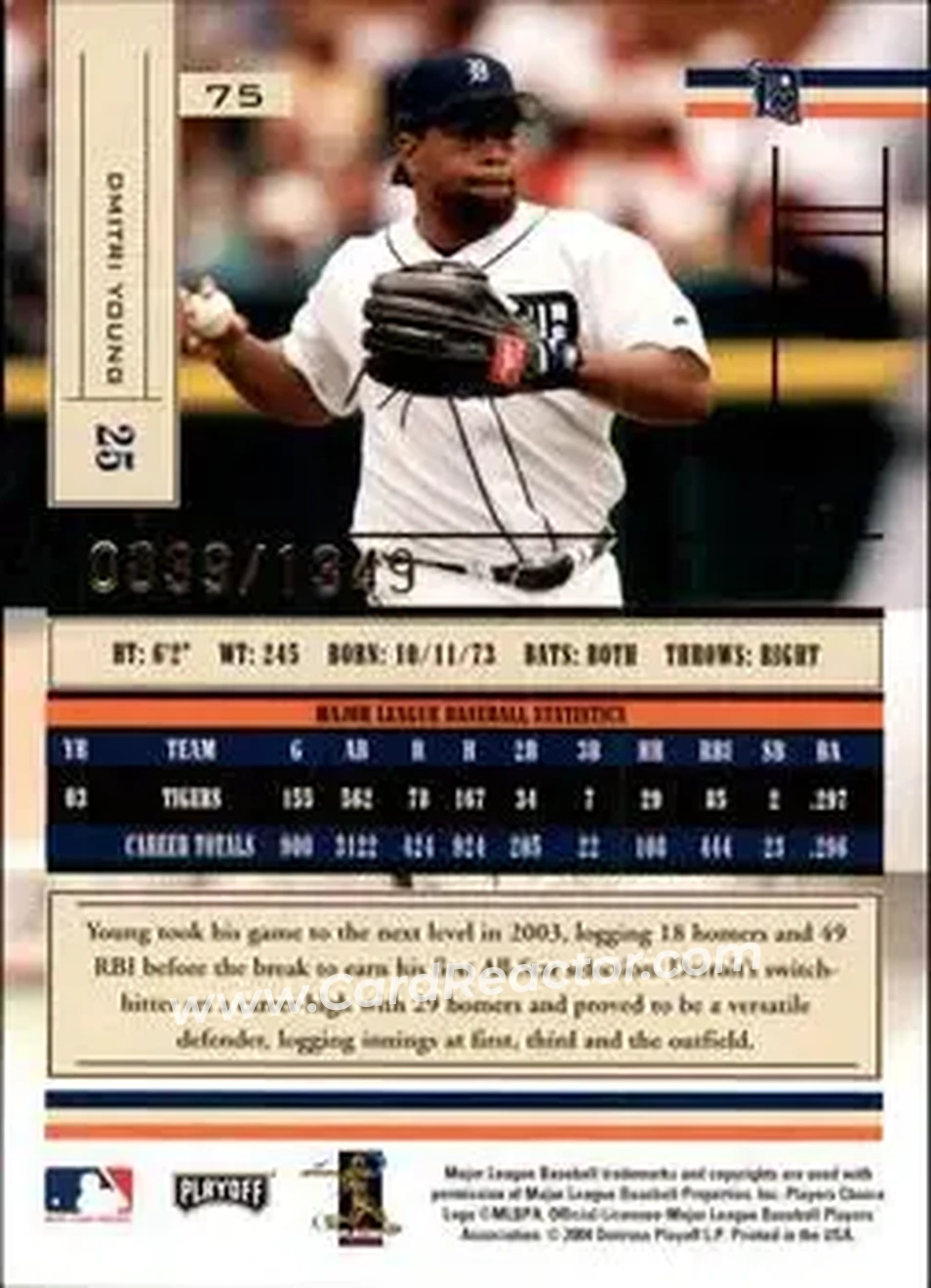 2004 Playoff Absolute Memorabilia #75 - Dmitri Young - Detroit Tigers - Back