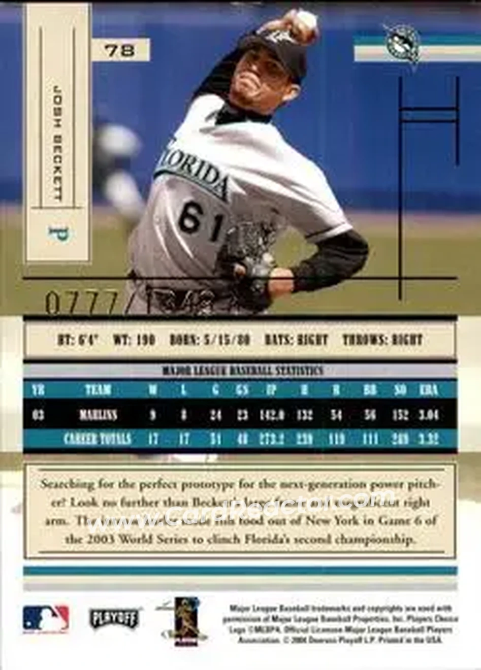 2004 Playoff Absolute Memorabilia #78 - Josh Beckett - Florida Marlins - Back