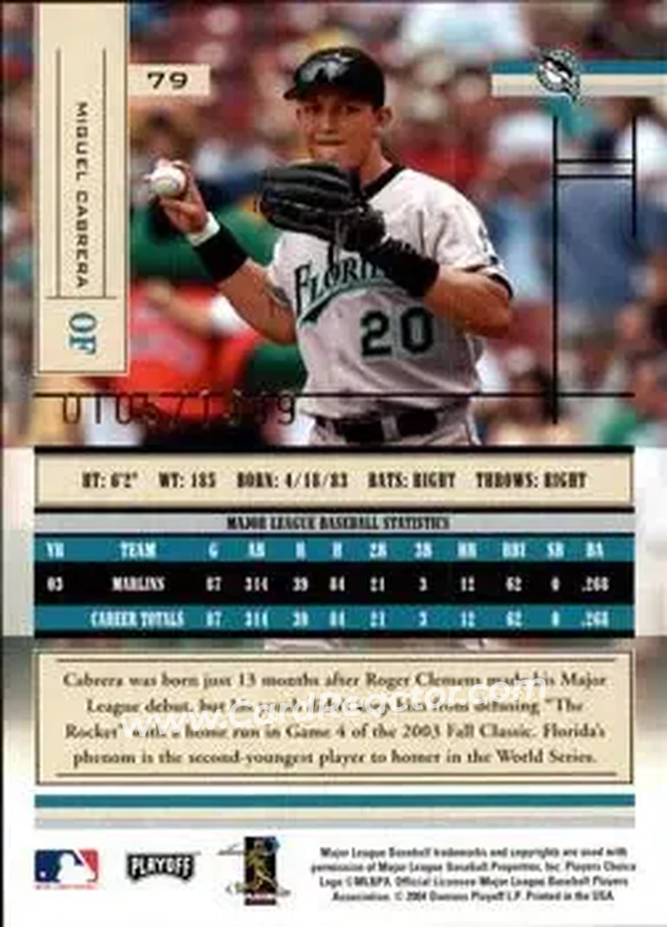 2004 Playoff Absolute Memorabilia #79 - Miguel Cabrera - Florida Marlins - Back