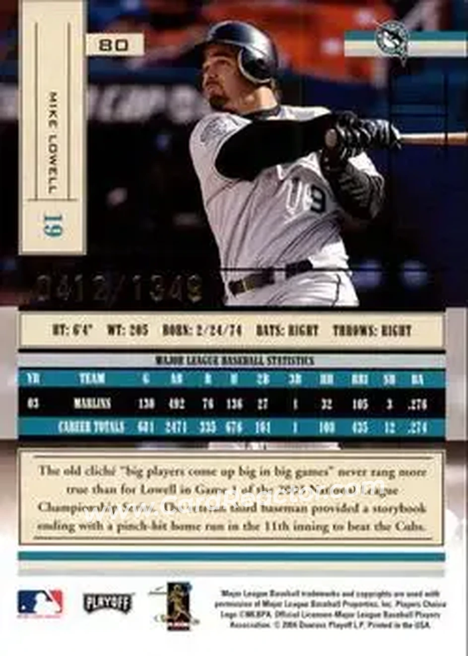 2004 Playoff Absolute Memorabilia #80 - Mike Lowell - Florida Marlins - Back