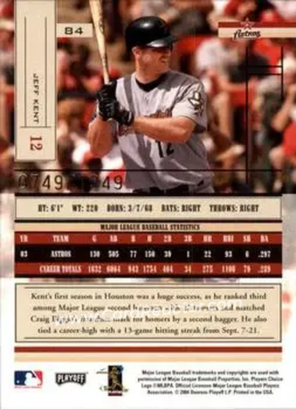 2004 Playoff Absolute Memorabilia #84 - Jeff Kent - Houston Astros - Back 2004 Playoff Absolute Memorabilia #84 - Jeff Kent - Houston Astros - Back