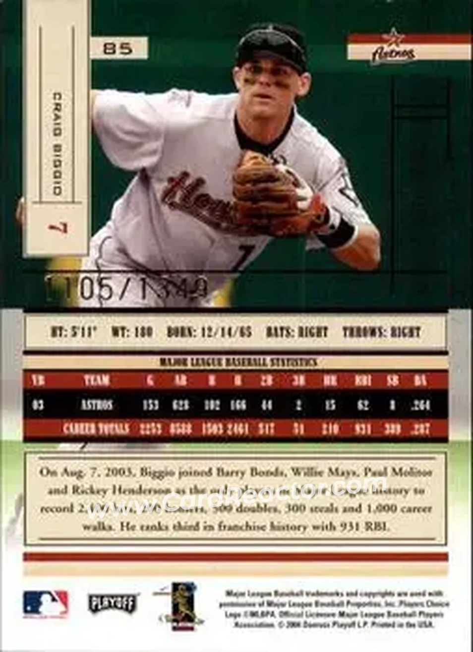 2004 Playoff Absolute Memorabilia #85 - Craig Biggio - Houston Astros - Back