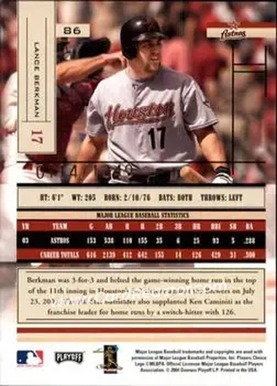 2004 Playoff Absolute Memorabilia #86 - Lance Berkman - Houston Astros - Back