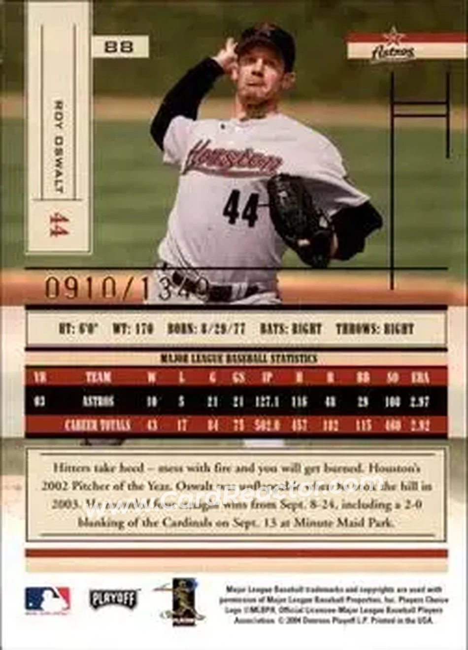 2004 Playoff Absolute Memorabilia #88 - Roy Oswalt - Houston Astros - Back