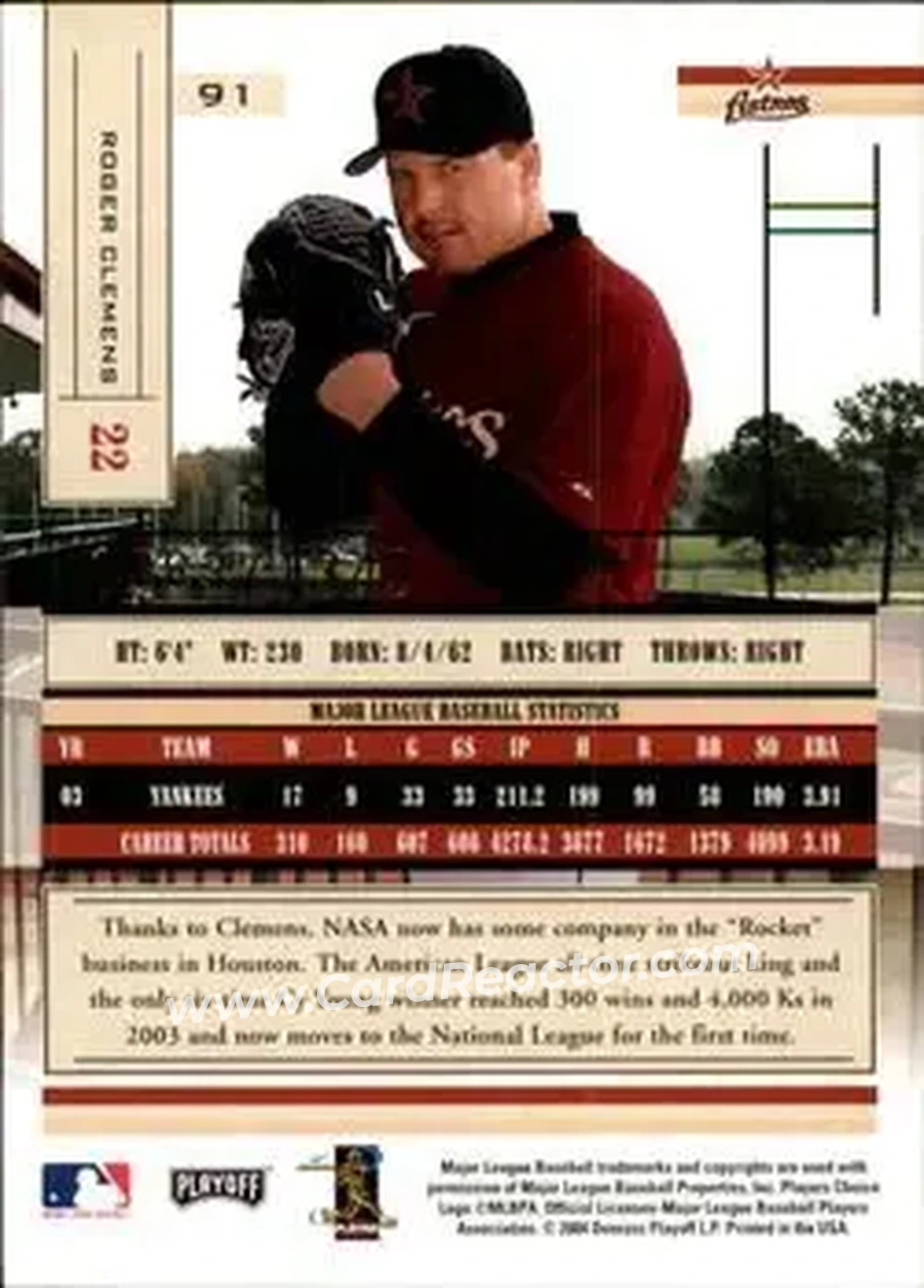 2004 Playoff Absolute Memorabilia #91 - Roger Clemens - Houston Astros - Back