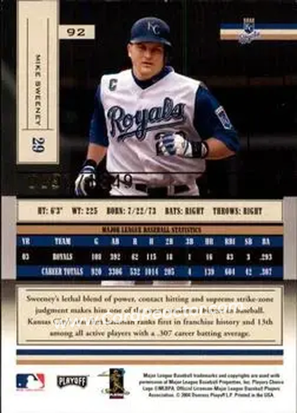 2004 Playoff Absolute Memorabilia #92 - Mike Sweeney - Kansas City Royals - Back