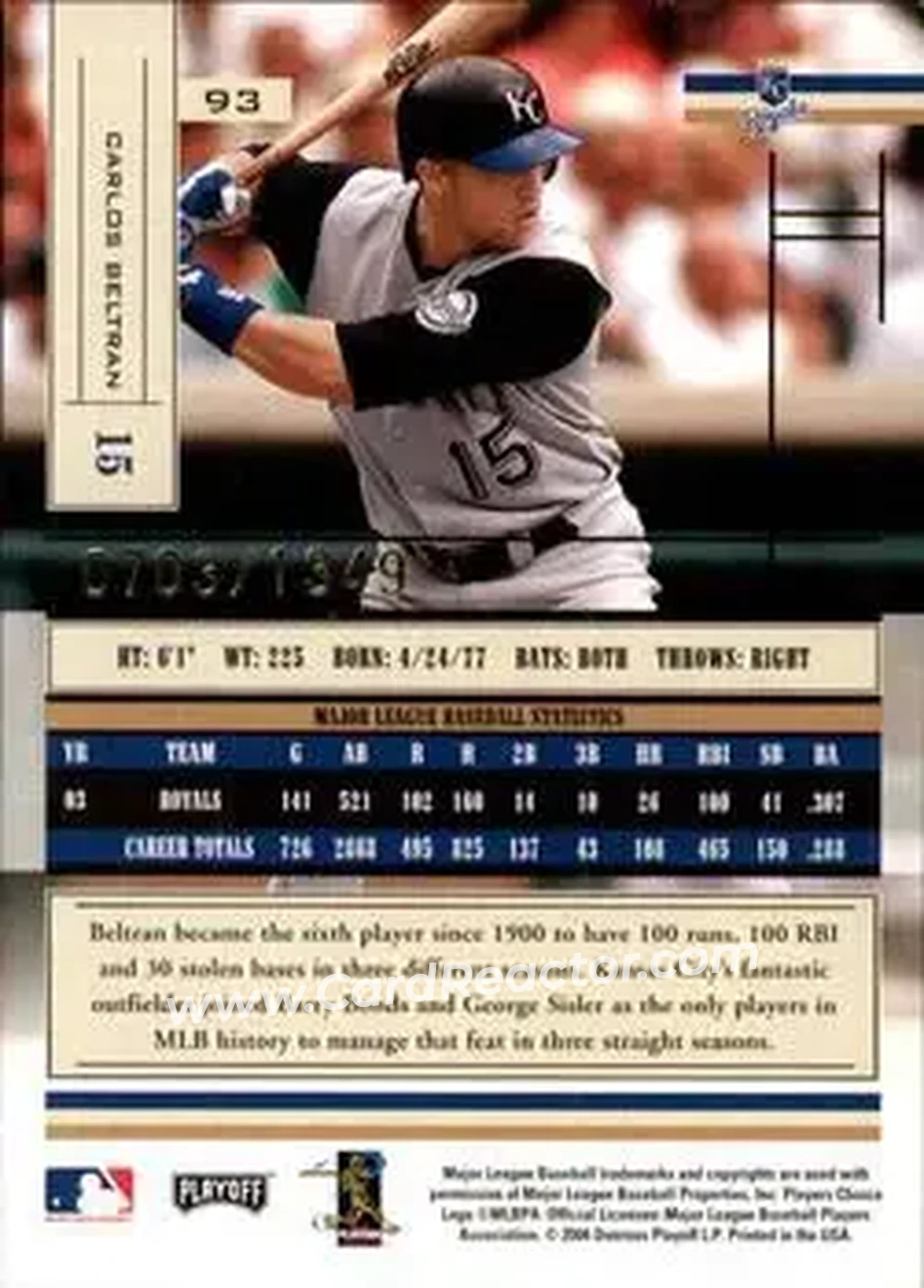 2004 Playoff Absolute Memorabilia #93 - Carlos Beltran - Kansas City Royals - Back