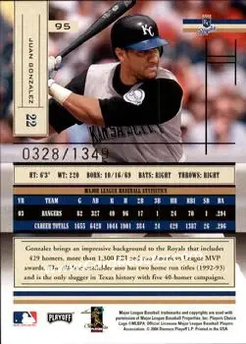 2004 Playoff Absolute Memorabilia #95 - Juan Gonzalez - Kansas City Royals - Back