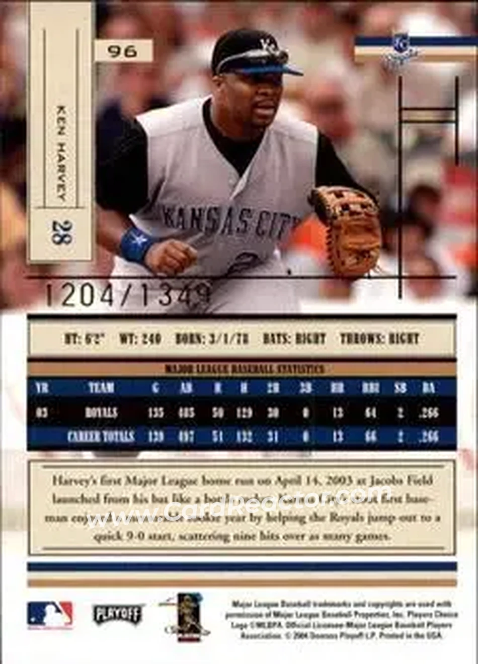 2004 Playoff Absolute Memorabilia #96 - Ken Harvey - Kansas City Royals - Back 2004 Playoff Absolute Memorabilia #96 - Ken Harvey - Kansas City Royals - Back
