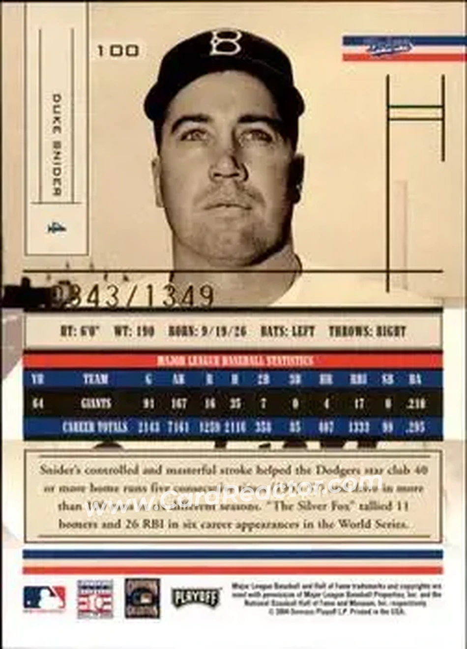 2004 Playoff Absolute Memorabilia #100 - Edwin "Duke" Snider - Brooklyn Dodgers - Back 2004 Playoff Absolute Memorabilia #100 - Edwin "Duke" Snider - Brooklyn Dodgers - Back